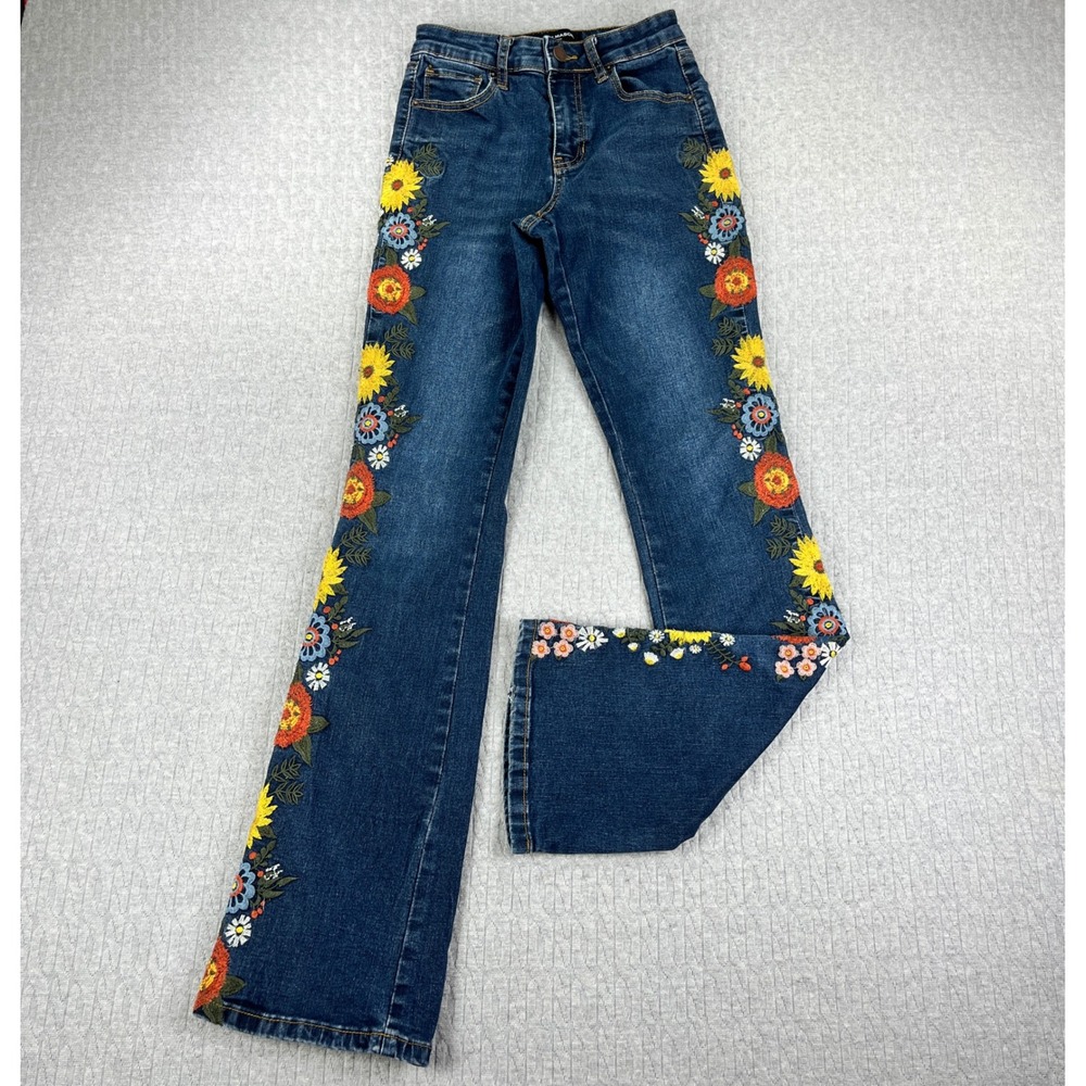 1960 70s style bootcut hippie love Jeans Women 0/24(22x31) Blue Floral disco